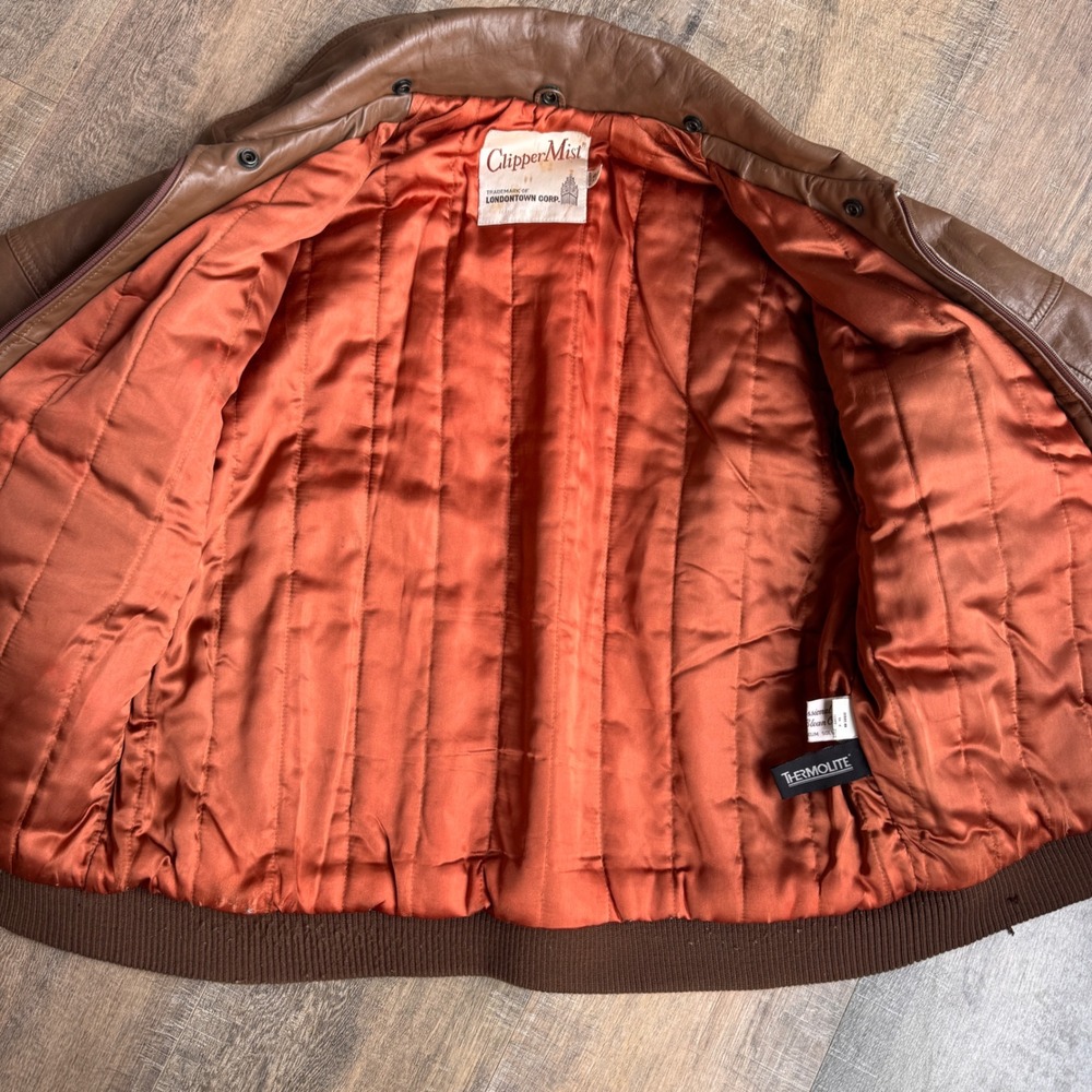 Vintage Clipper Mist Tan Brown Leather Bomber Jacket Mens 40 Reg 80s 90s - Picture 7 of 10